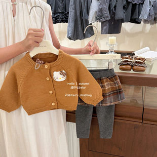 【咸柠七】女童秋冬套装橘色kt猫毛衣开衫韩系格子假两件裤子
