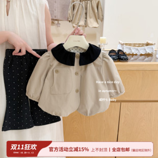 【咸柠七】高智巴恩风！女童卡其色风衣学院撞色短款宽松外套女宝