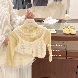 奶黄色花边领打底衫 奶呼呼～原创女童春季 马甲蛋糕裙 咸柠七