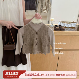 【咸柠七】可可棕！韩系女童秋季套装针织马甲背心喇叭裤两件套潮