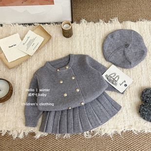 【咸柠七】miu系千金！原创韩国童装女宝双排扣灰色毛衣开衫短裙