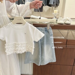 T恤夏儿童宝宝百搭时髦花边半袖 韩国女童白色短袖 体恤 咸柠七