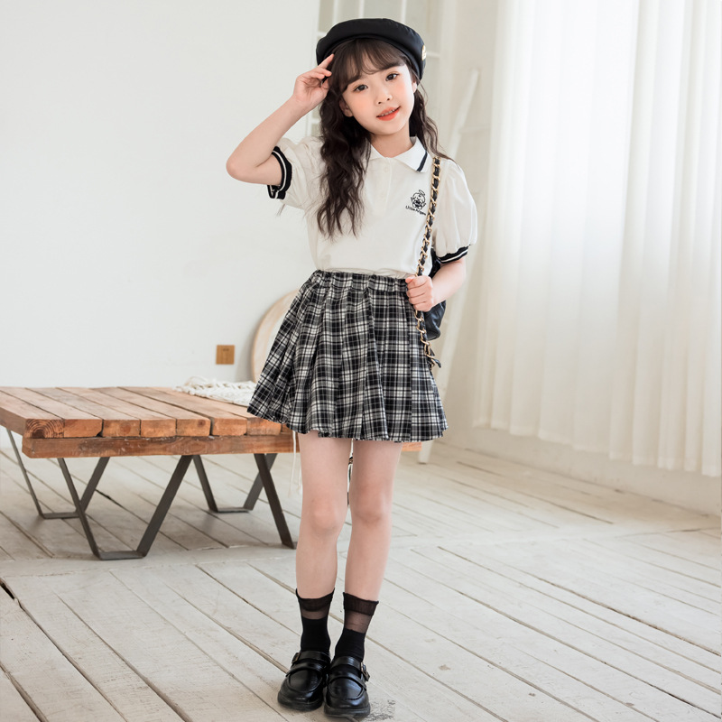 女童短袖套装2025夏装女孩衣服polo衫半身裙两件套大童女装学院