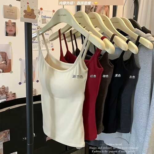 德绒磨毛吊带背心女带胸垫美背内搭修身显瘦打底衫无袖上衣秋冬季