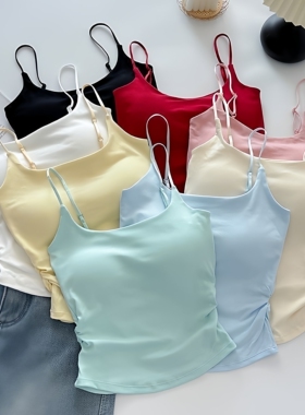 小清新纯欲风设计感褶皱带胸垫吊带背心女内搭外穿修身美背上衣夏