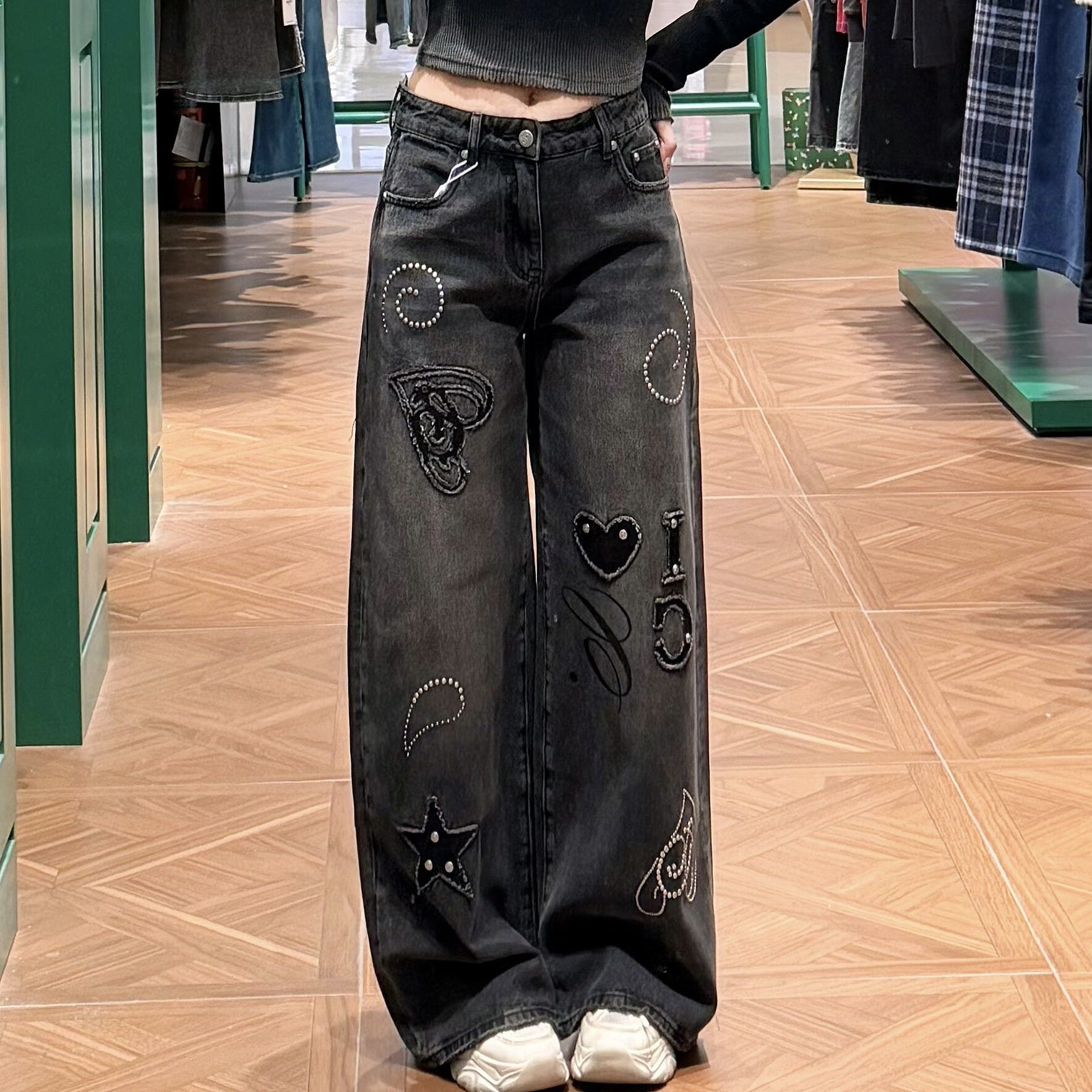 复古星星爱心贴布水洗牛仔裤2026春季新款宽松显瘦休闲阔腿长裤子,女装/女士精品,牛仔裤,淘宝优惠券,粉丝福利购,淘宝优惠卷
