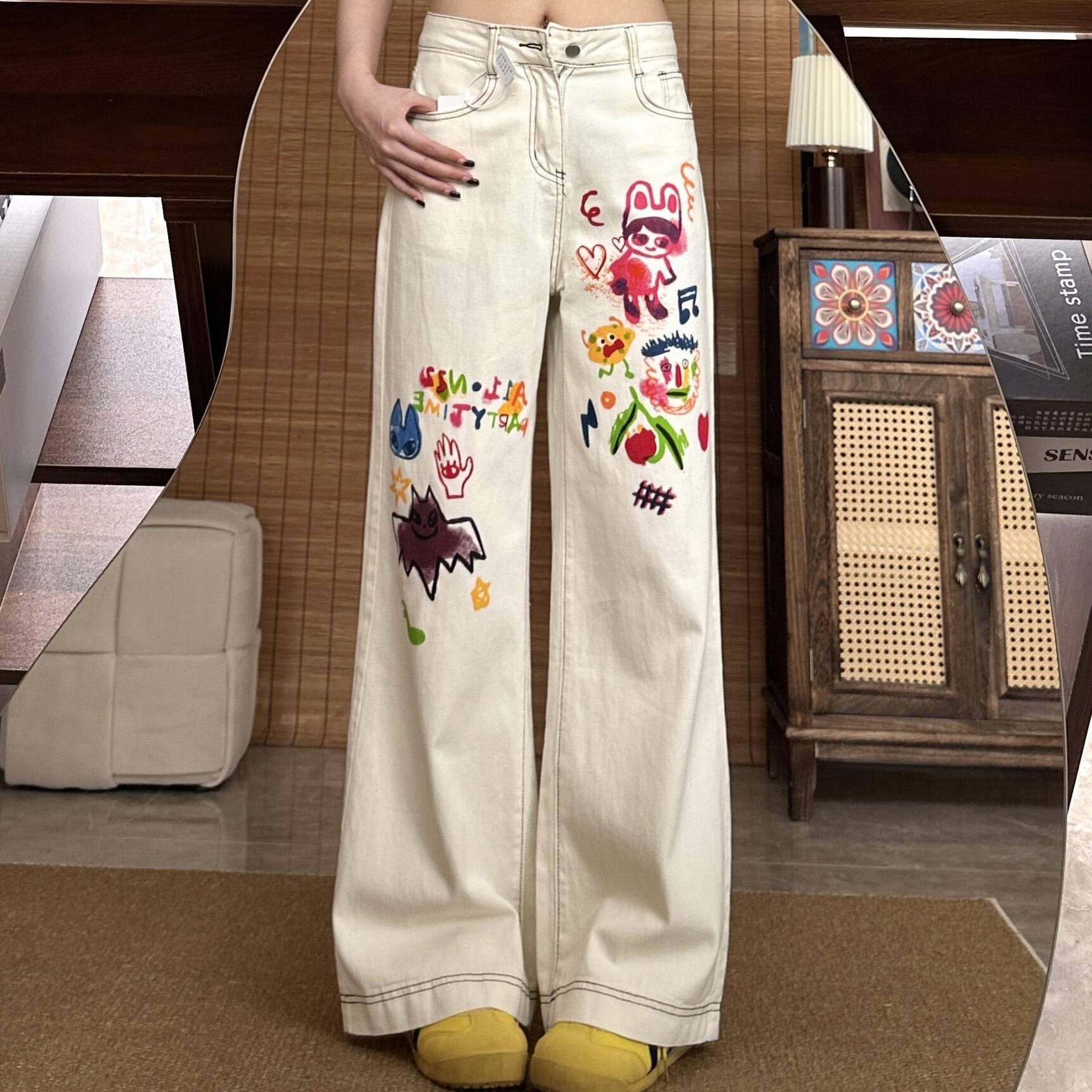 复古多巴胺卡通印花水洗牛仔裤2026春季新款宽松显瘦休闲直筒长裤