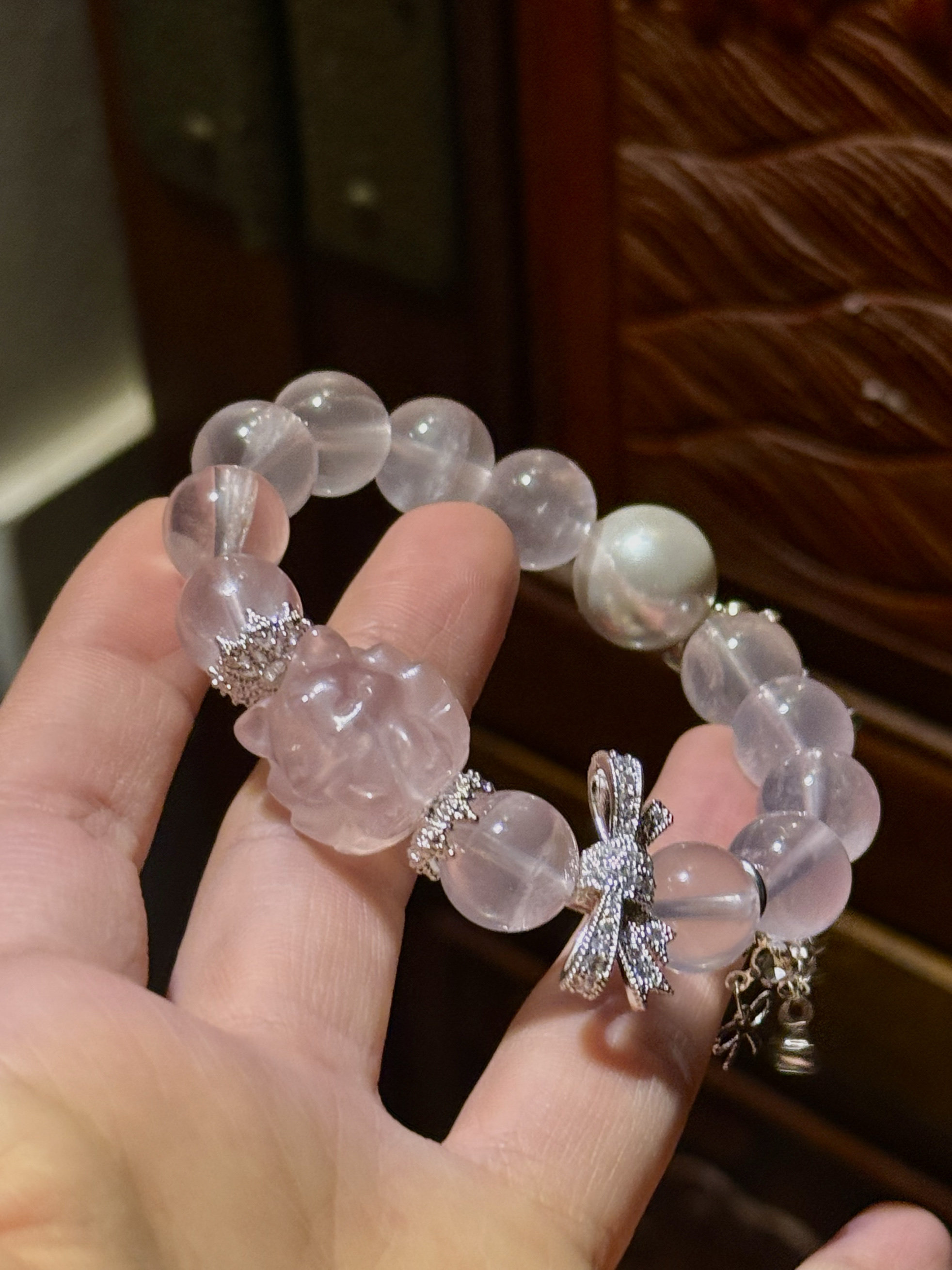 纯天然原创小高品粉水晶蝴蝶结设计款手链女百搭清新水晶手串礼物