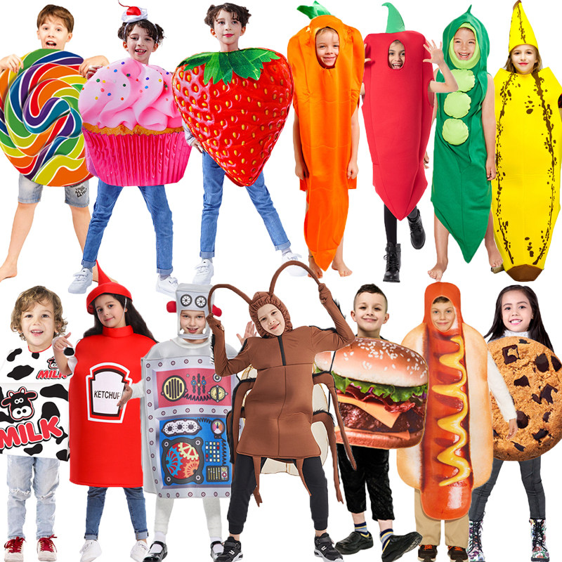 幼儿园儿童食物派对 热狗披萨草莓豌豆牛奶饼干机器人搞笑表演服