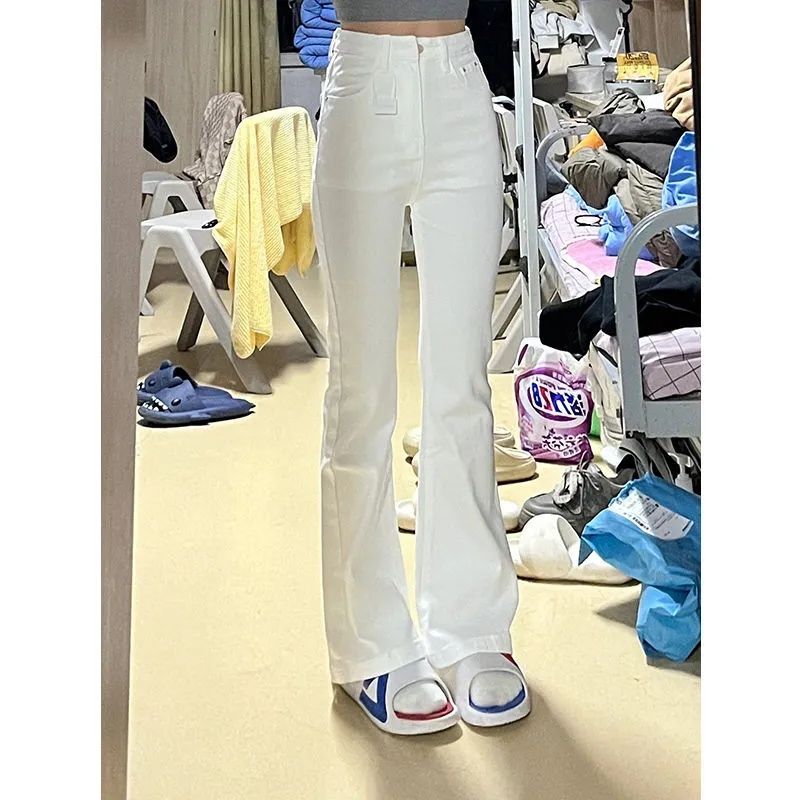 2025年美式白色新款微喇牛仔裤显瘦修身瘦弹力马蹄喇叭拖地裤子潮