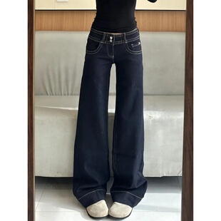 美式辣妹丹宁蓝双扣微喇牛仔裤女复古低腰宽松显瘦垂感拖地喇叭裤