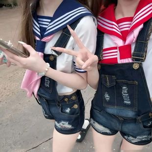 女百搭a字包臀連體褲 辣妹復(fù)古做舊水洗磨破連體牛仔背帶短褲 穿搭