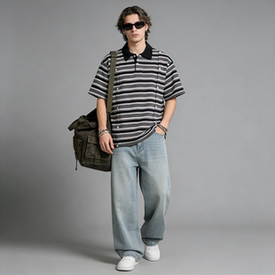男夏季 POLO衫 宽松百搭潮牌上衣 复古潮流条纹翻领短袖 FAITH美式