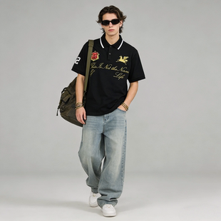 时尚 男短袖 宽松高街复古上衣 街头风徽章字母刺绣Polo衫 FAITH美式