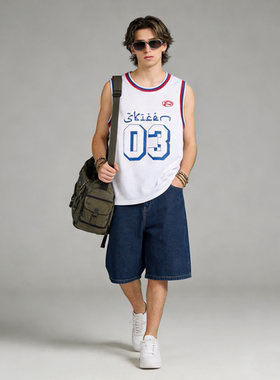 FAITH夏季休闲潮流宽松篮球背心男数字印花运动透气汗衫无坎T恤