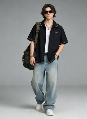 FAITH美式复古潮流时尚刺绣短袖衬衫男宽松百搭翻领休闲日常衬衣