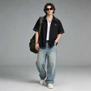 衬衫 刺绣短袖 男宽松百搭翻领休闲日常衬衣 复古潮流时尚 FAITH美式