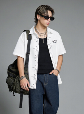 FAITH美式潮流百搭短袖衬衫男夏季宽松休闲翻领五角星刺绣衬衣潮