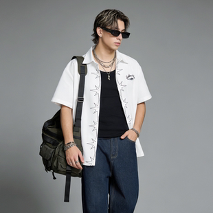 男夏季 衬衫 宽松休闲翻领五角星刺绣衬衣潮 潮流百搭短袖 FAITH美式