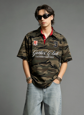 FAITH美式潮流迷彩短袖POLO衫男夏季翻领字母刺绣时尚宽松上衣