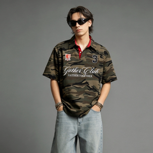 翻领字母刺绣时尚 FAITH美式 男夏季 POLO衫 宽松上衣 潮流迷彩短袖
