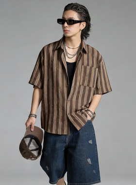 FAITH复古百搭新款条纹短袖衬衫男夏季宽松透气翻领亚麻休闲衬衣