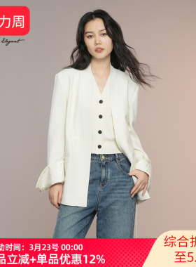 XG/雪歌2025年秋季新款白色优雅西装外套女短款西服XK307003A391