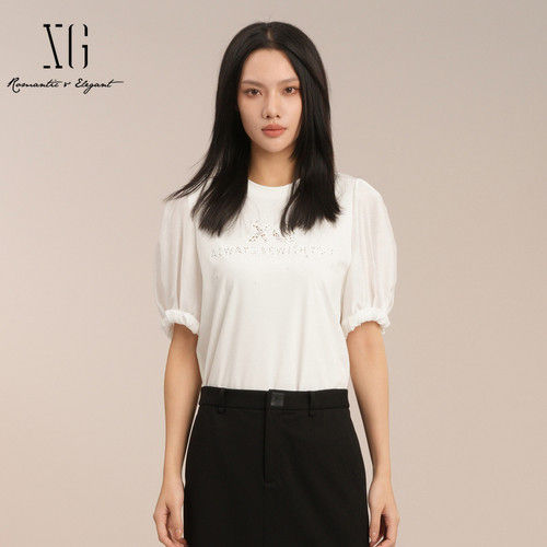 XG雪歌莫代尔棉字母印花T恤女短袖25夏款泡泡袖上衣XK201022A151
