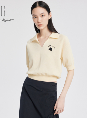 xg雪歌正品翻领针织衫女套头2024夏季新款休闲毛衫XJ211013A330