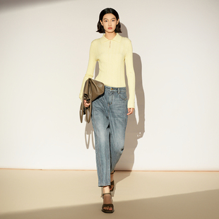 XG/雪歌26春款奶黄色翻领坑条针织衫女长袖套头毛衣XL111022A430