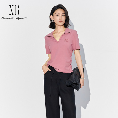 XG雪歌俏皮粉色坑条POLO领短袖T恤女2025夏新款上衣XK201014A308