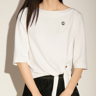XG/雪歌26春款知性风长袖T恤女收腰绑带简约显瘦上衣XL121005A591
