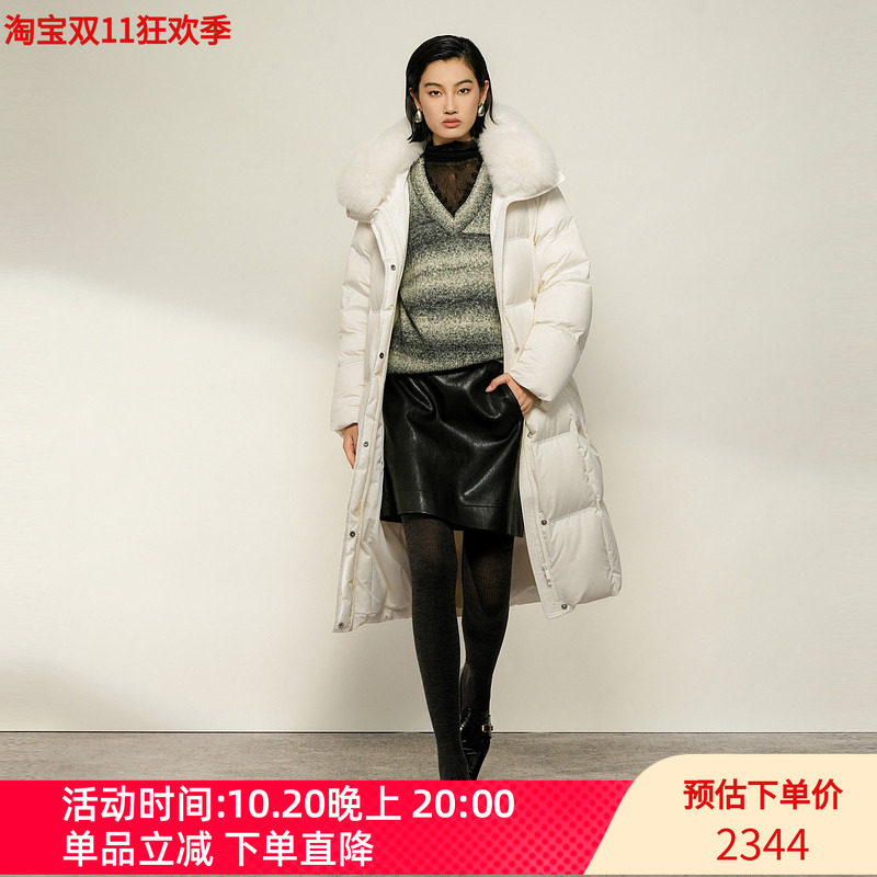 XG雪歌白色狐狸毛领90绒长款羽绒服2026冬季新款女装XL406034A751