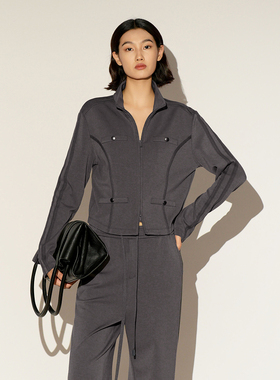 XG/雪歌26春新款极简风立领短外套灰色拉链通勤上衣XL107019A384