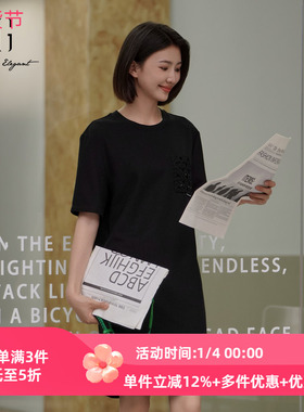 XG雪歌个性口袋黑色短袖T恤裙女25夏新款宽松连衣裙XK204091A990