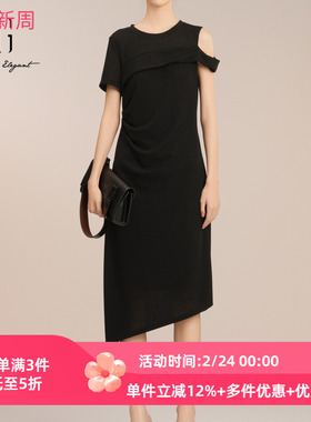 雪歌露肩设计不规则连衣裙2025夏季新款短袖中长裙女XK204030A290