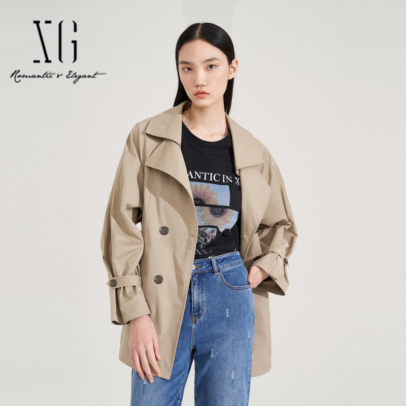 xg雪歌卡其色风衣女长袖2023秋季新款休闲中长外套XI308013A273