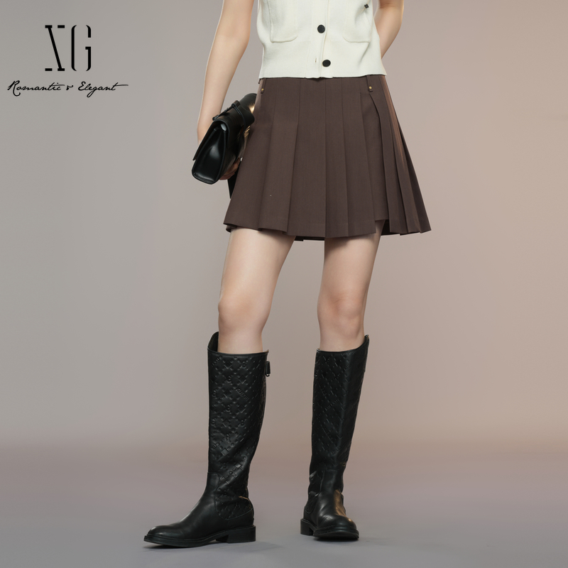 XG/雪歌2025年秋季新款高腰百褶A字半身裙女百搭短裙XK303013A572