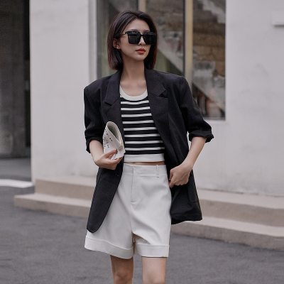 XG/雪歌26夏款黑色西装外套女中袖翻领职场百搭外套XK207007A990