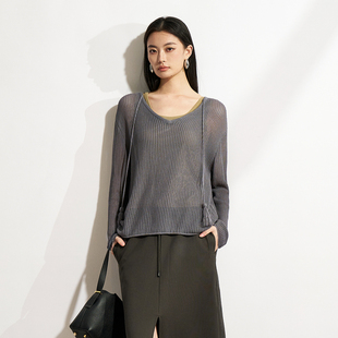 XG/雪歌26春慵懒风镂空V领针织衫女长袖宽松罩衫毛衣XL111018A484