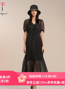 XG雪歌温柔系波点连衣裙女2025夏新款轻盈V领中长裙XK204029A190