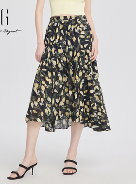 xg雪歌通勤花色连衣裙女复古2024夏季新款休闲长裙子XJ203010B397