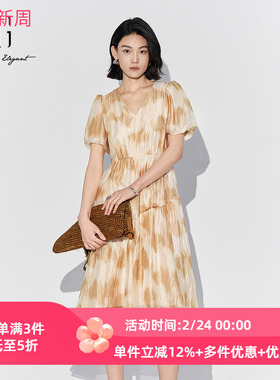 XG雪歌晕染收腰茶歇裙女25夏V领短袖雪纺印花连衣裙XK204025B797