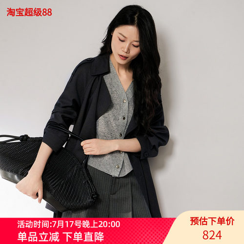 XG雪歌小个子短风衣女秋双排扣修身显高百搭通勤外套XL308009A583