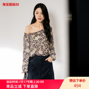 XG雪歌复古花色雪纺衬衫女宽松遮肉气质露肩长袖衬衣XL321001B493