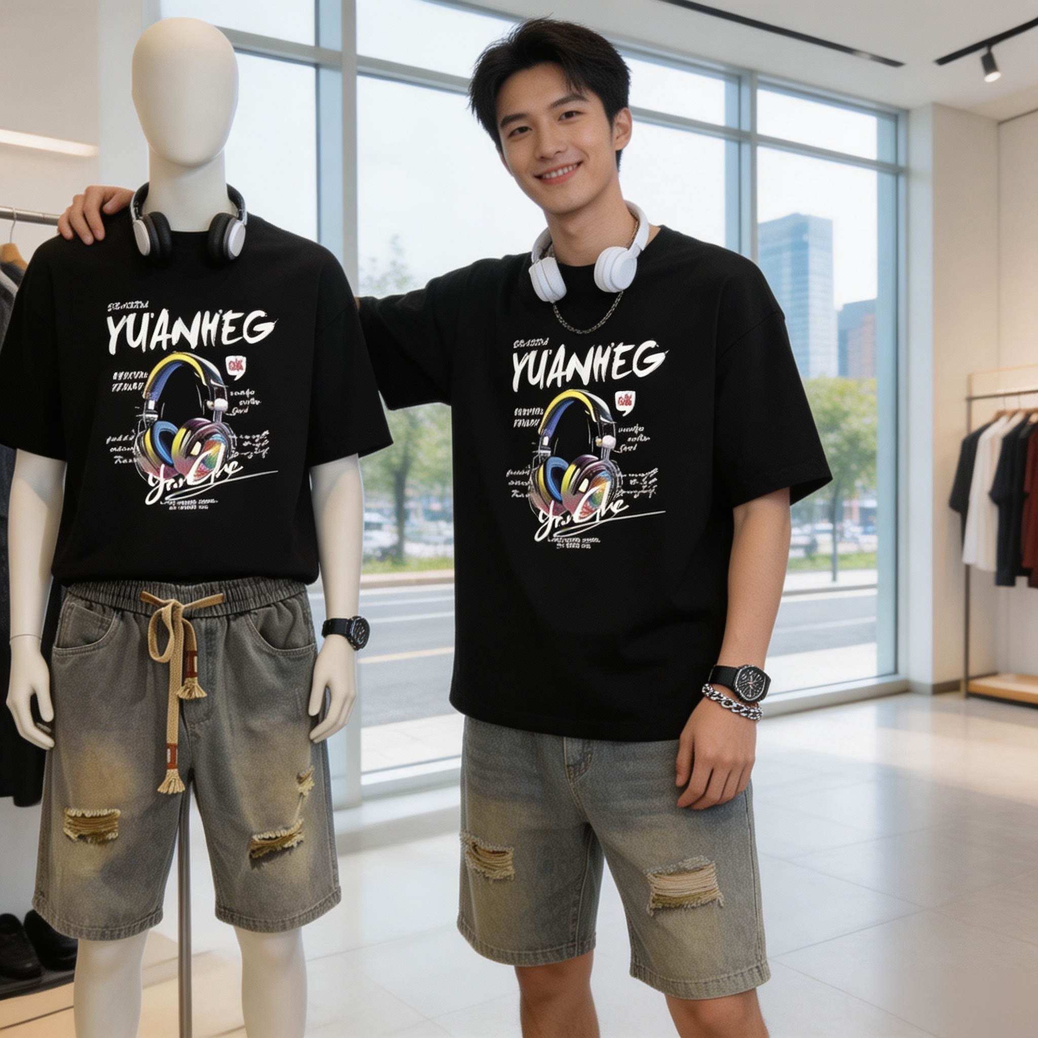 美式高街vibe风短袖T恤男夏季潮牌纯棉重磅T恤破洞牛仔短裤套装