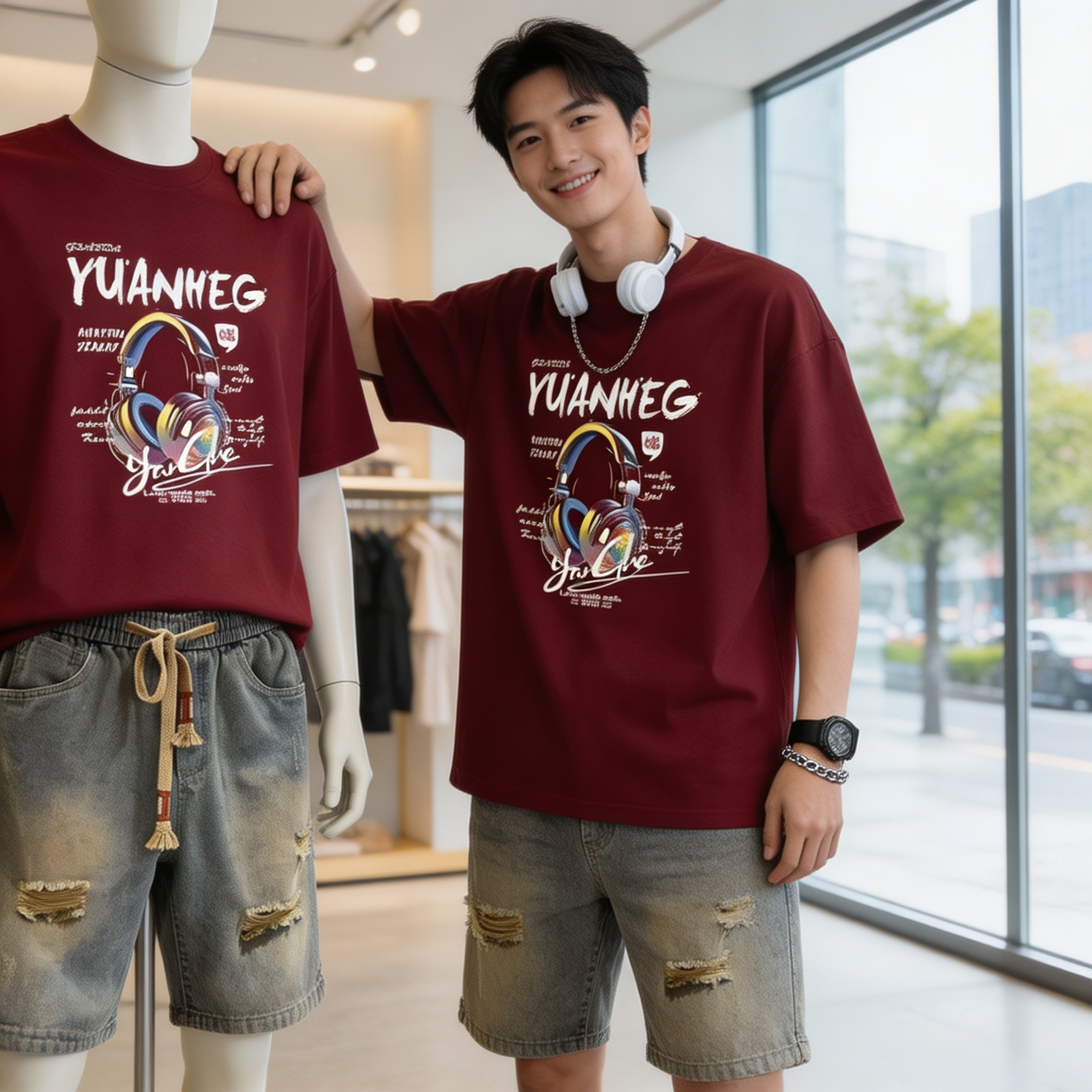 2026新款夏季男士休闲套装潮牌纯棉印花T恤破洞牛仔短裤两件套男