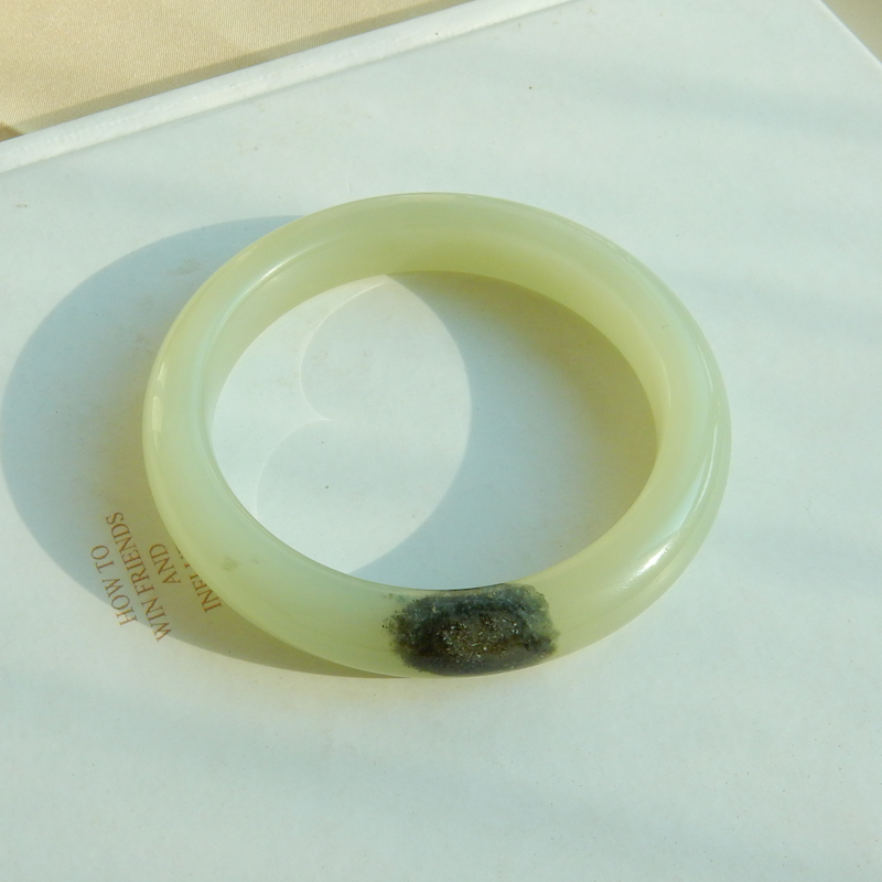 保】45.6克天然和田玉手镯54mm青海料青白玉翠沁特色款玉镯子