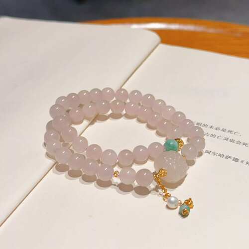 和田玉藕粉8mm双圈手串A货翡翠