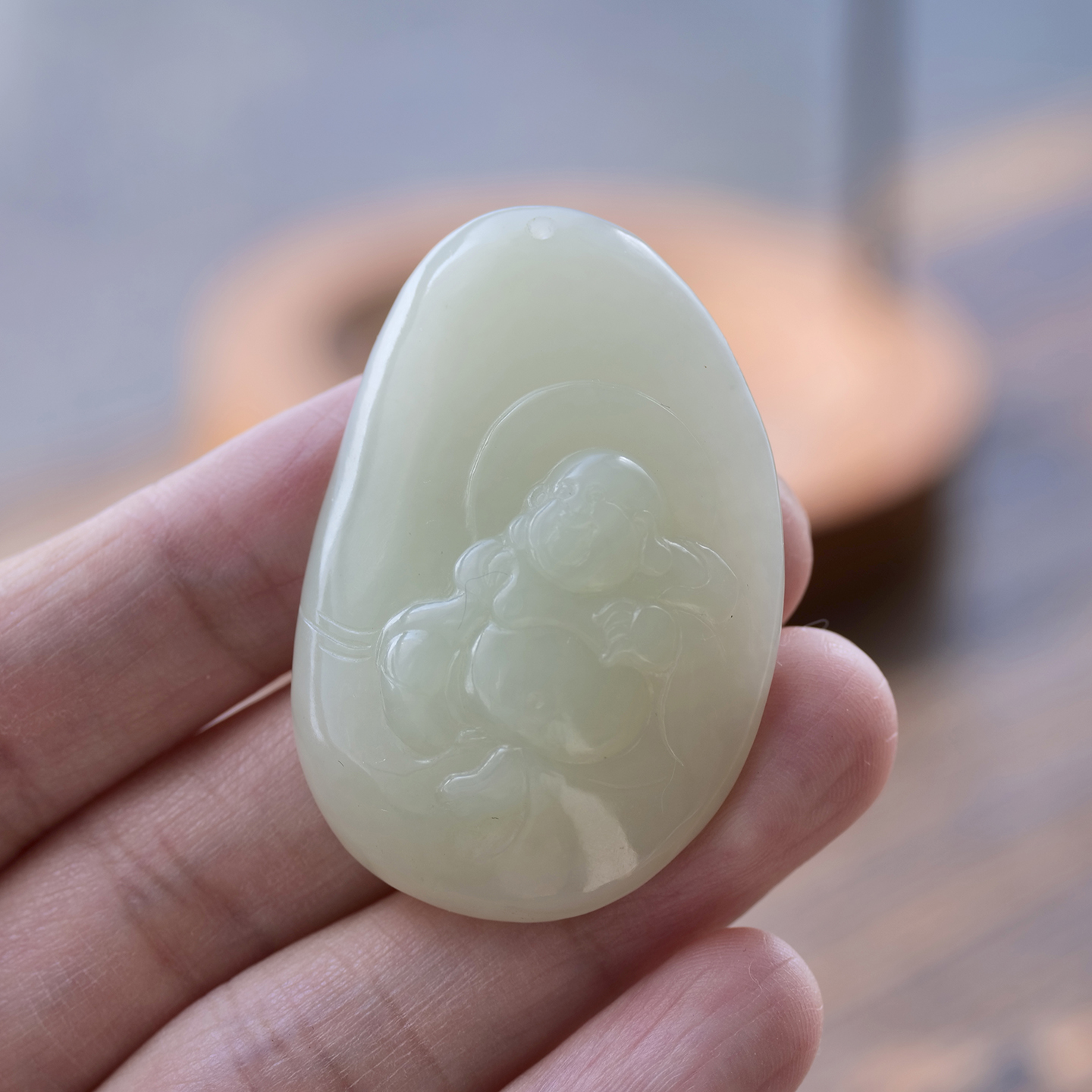 天然和田玉俄料白玉翠青弥勒消费吊坠挂件玉佩生日礼物8z